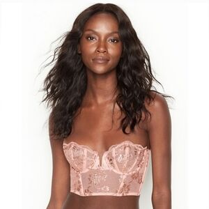 Victoria's Secret Dream Angels Lace Scalloped Bustier Top Rose Gold Size 34C